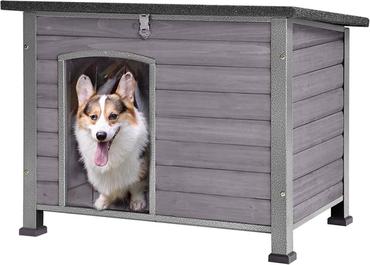 MEDEHOO Large Outdoor Insulated Dog House Indestructible Dog Shelter Weatherproof Dog Kennel with Chew-Proof Metal Frame, Openable Roof for Small to Large Dog Breeds (Grey, 33.5"L x 22"W x 25.2"H)