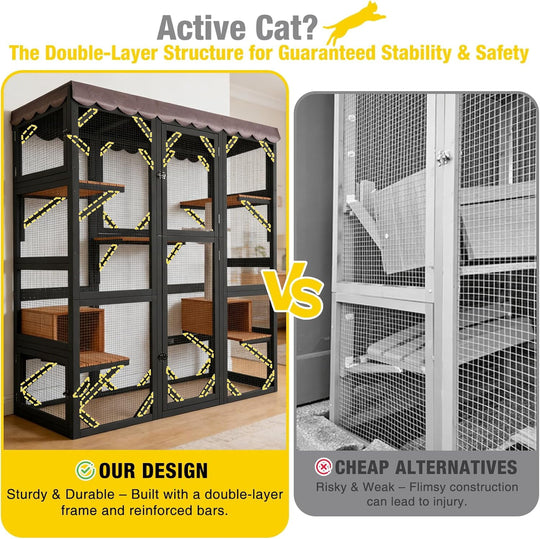 MEDEHOO 70" Large Catio Outdoor Cat Enclosure, Window Catio Wooden Cat House Walk-in Cat Cage with 7 Platforms, Scratch Post, Hammock for 2-6 Cats