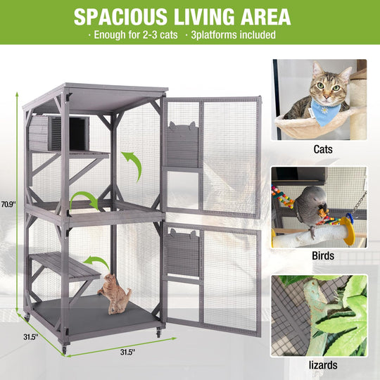 MEDEHOO Cat House Outdoor Catio Cat Enclosure Wheels Large Movable Cat Cages Indoor for Mulitiple Cats with Tarp Roof,Platforms,Resting Box 70.9" AIR22-002J