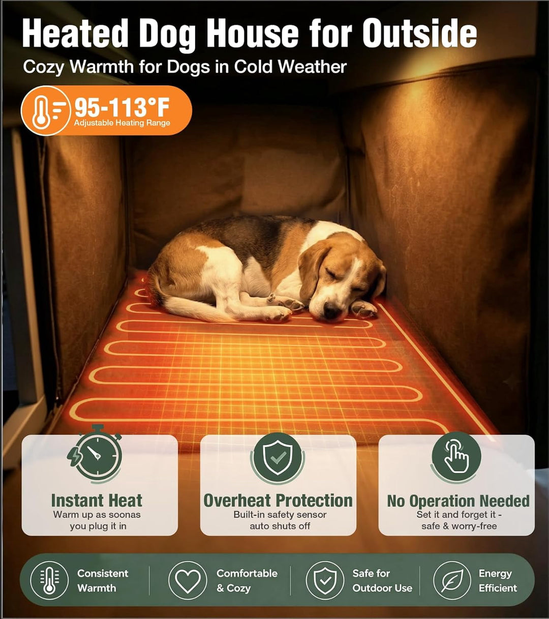 MEDEHOO Extra Large 60" Insulated Heated Dog House with Heating Pad &amp; Insulated Liner, Outdoor Dog House with Chew-Proof Metal Frame for Large Dog Breeds, Brown