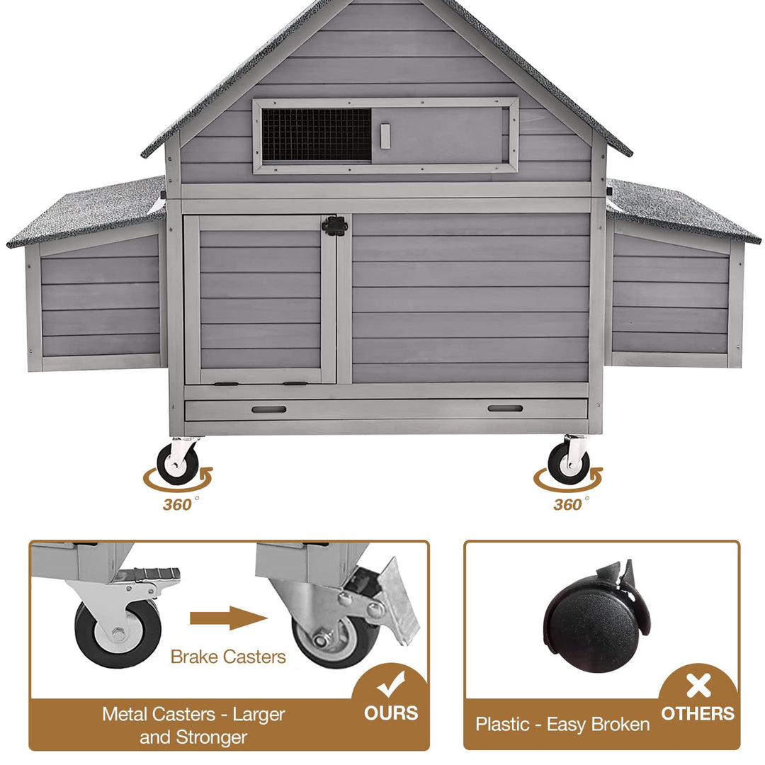 MEDEHOO Chicken Coop Poultry Cage on Wheels Outdoor Duck Coop Wooden Hen House with Large Nesting Box, Movable AIR67-G