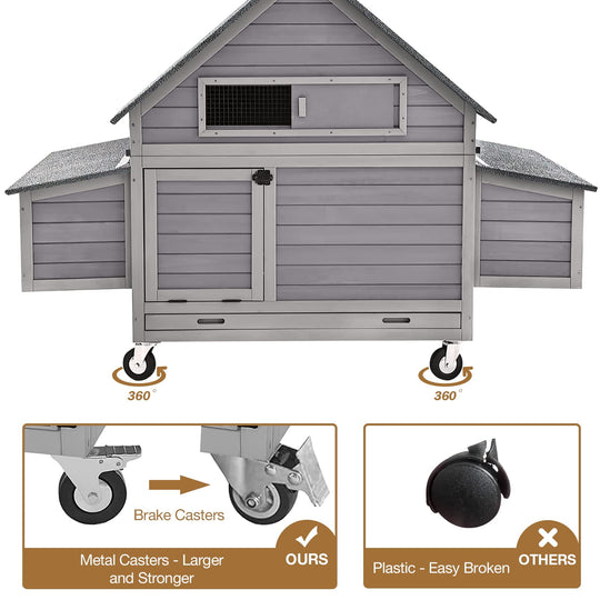 MEDEHOO Chicken Coop Poultry Cage on Wheels Outdoor Duck Coop Wooden Hen House with Large Nesting Box, Movable AIR67-G
