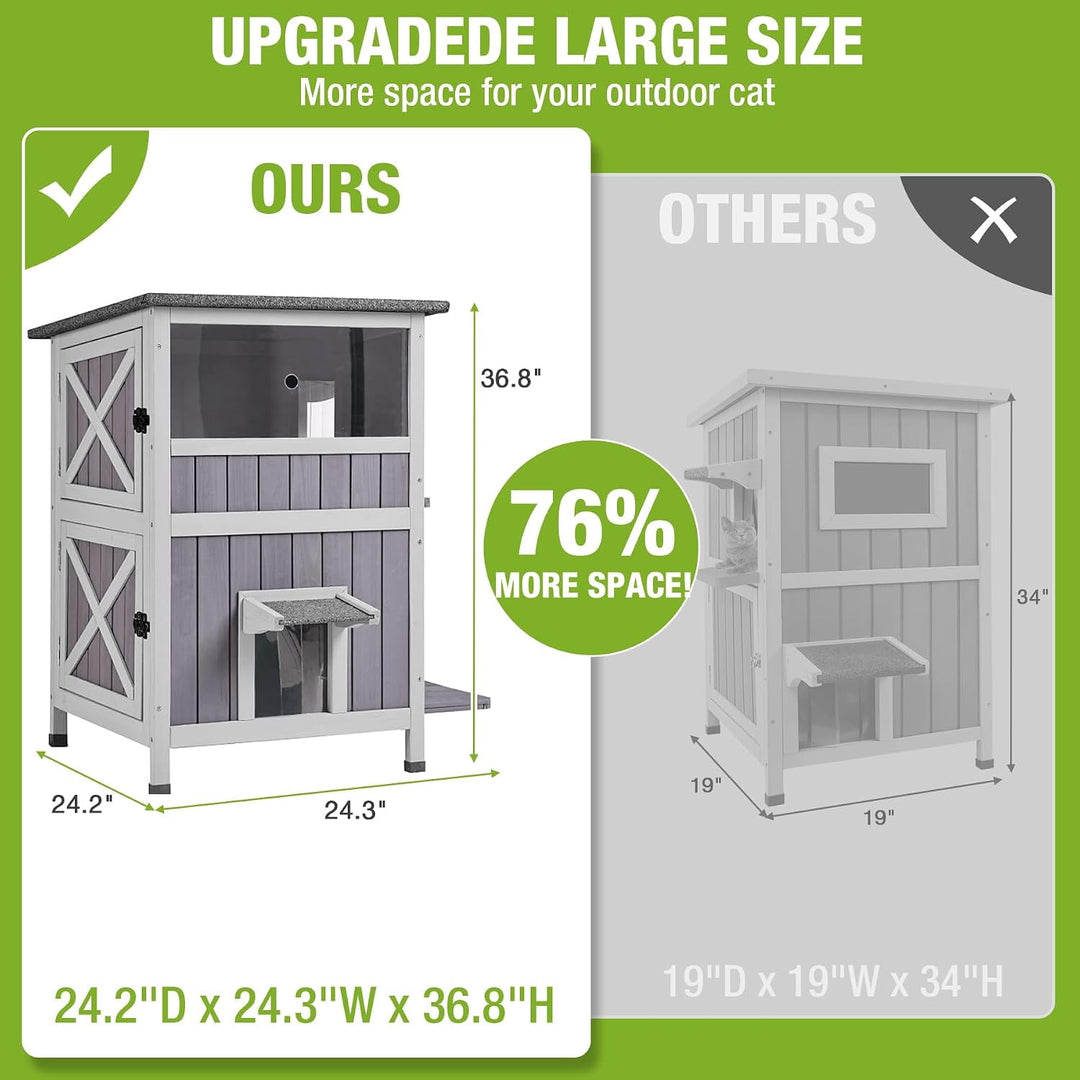 MEDEHOO Outdoor Cat House, Upgraded Larger Size Weatherproof Feral Cat Shelter, Wooden Cat Condo with Escape Doors for Winter Protection