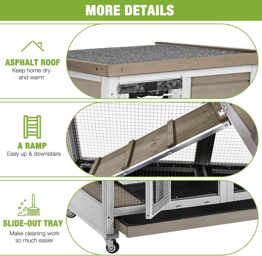 MEDEHOO Rabbit Hutch Rabbit Cage Pet Bunny House Cage with Casters Urine Baffles,4 Metal Wheels,2 Deeper Trays(Mocca Color) AIR36-00J
