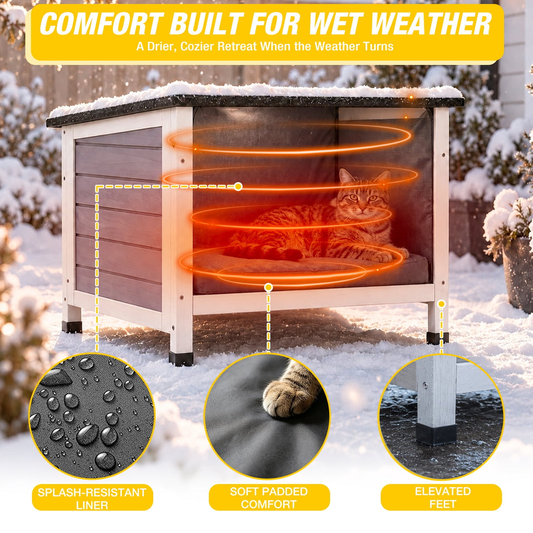 MEDEHOO Insulated Outdoor Cat House with 6-Sided Liner and Raised Floor, Wooden Winter Shelter
