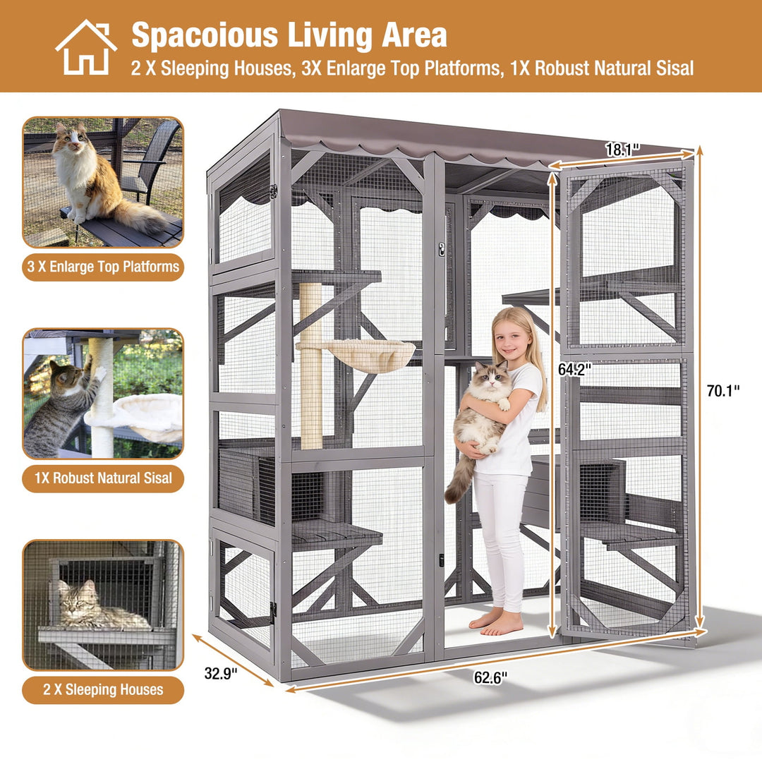 MEDEHOO 62.6" Walk-in Outdoor Catio, Large 4-Tier Wooden Cat Enclosure with 7 Climbing Platforms &amp; 2 Resting Houses, Window Cat House for Multiple Cats