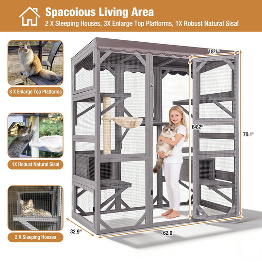 MEDEHOO 62.6" Walk-in Outdoor Catio, Large 4-Tier Wooden Cat Enclosure with 7 Climbing Platforms &amp; 2 Resting Houses, Window Cat House for Multiple Cats