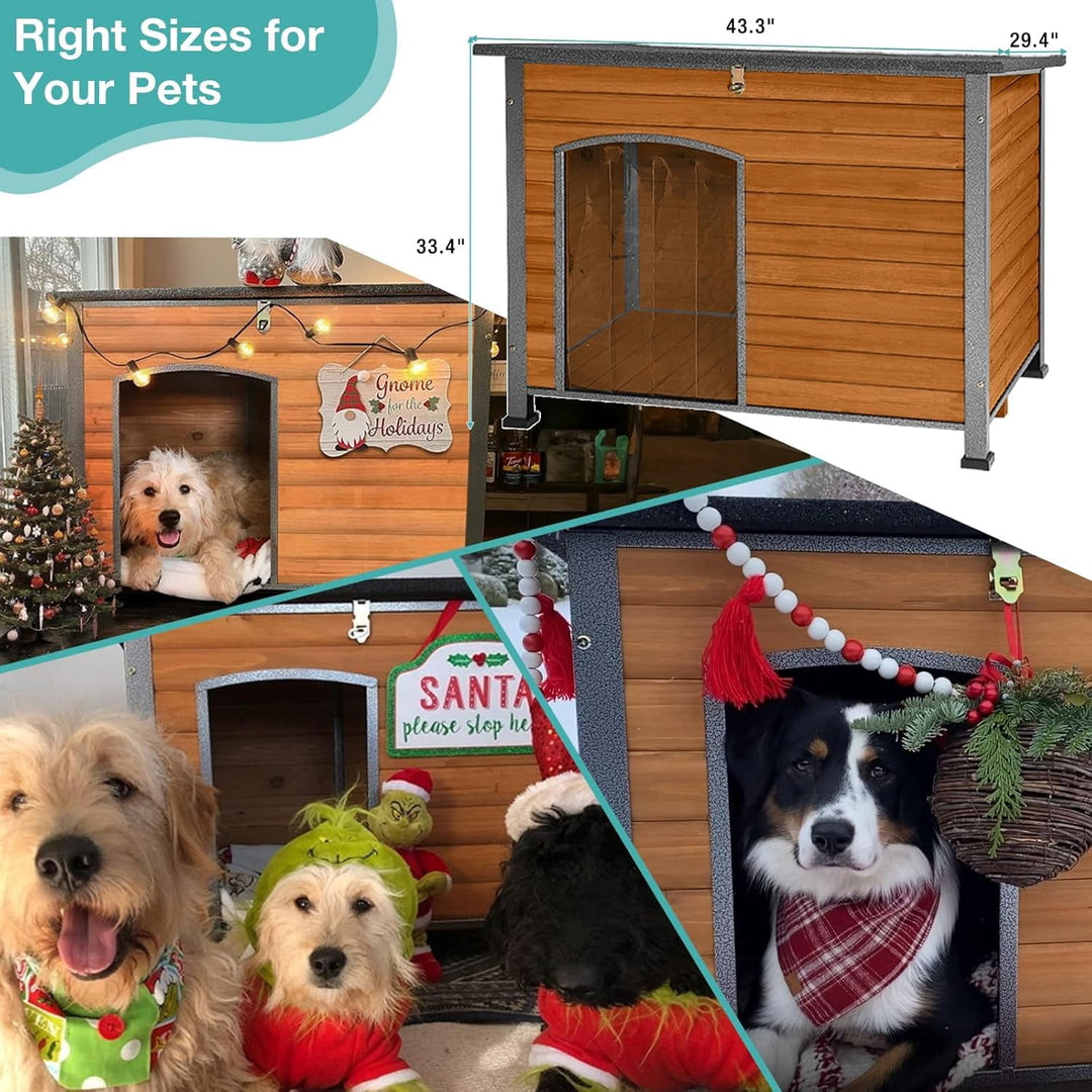 MEDEHOO Heated Outdoor Dog House with Heating Pad &amp; Insulated Liner, Winter Weatherproof Anti-Chewing Dog Kennel, Iron