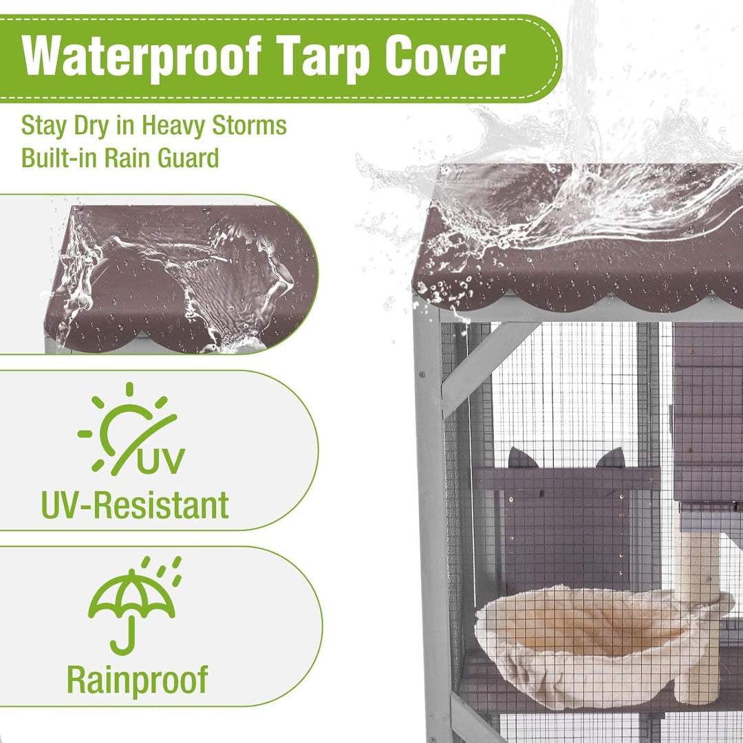 MEDEHOO Catio Outdoor Cat Enclosure - 62.5" Large Walk in Cat Cage on Wheels, Multi-Level Kitty House with Cat Scratching Post, PVC Layer, and Waterproof Roof Gray AIR22-M-MAD-WM