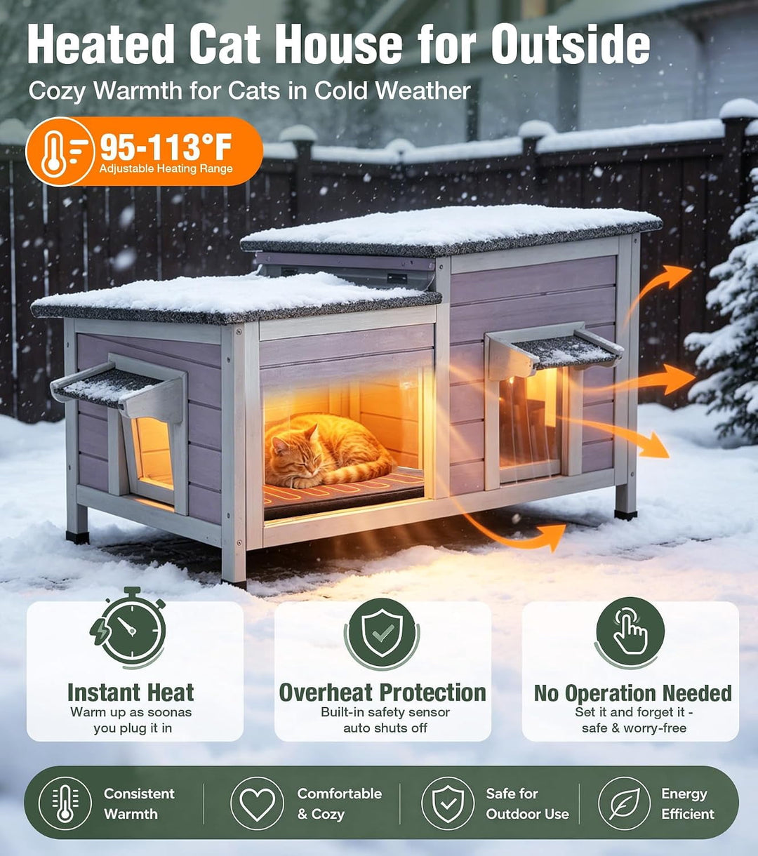 MEDEHOO Heated Cat House Outdoor Cat House Insulated Large Weatherproof Feral Cat Shelter with Heated Pad, Insulated All-Round Thermal Liner, Escape Door for 1-4 Cats