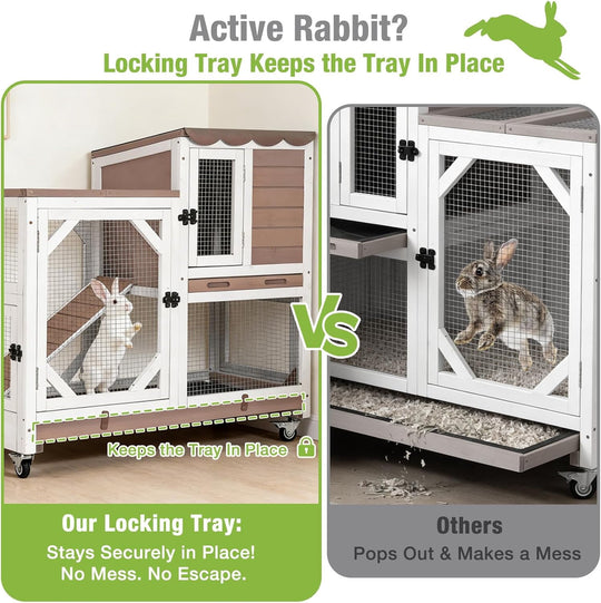 MEDEHOO 2-Story Rabbit Hutch with Wheels, Indoor Outdoor Wooden Rabbit Cage with Ramp &amp; Leak-Proof Trays for Rabbits &amp; Guinea Pigs, Brown RC-AIR7013-MC-WM