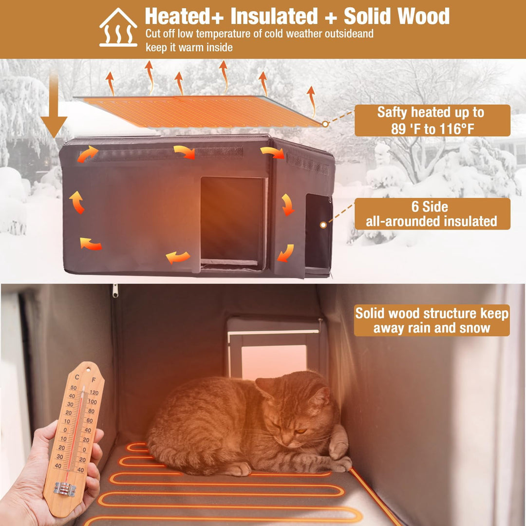 MEDEHOO Heated Cat House for Outside Cats Winter, 100% Waterproof Insulated Outdoor Cat Shelter with Heater &amp; Insulated Liner AIR91-IN-HPS-WM