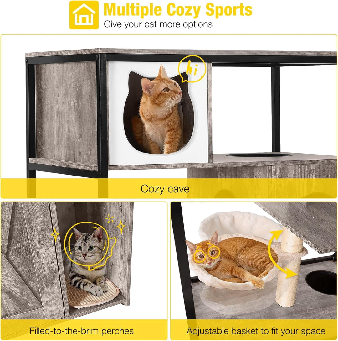 MEDEHOO Cat Litter Box Enclosure, Litter Box Furniture Hidden, Wooden Cat Washroom Furniture, Indoor Cat House with Condo, Hammock, Scratching Mat and Storage Shelves-Greige