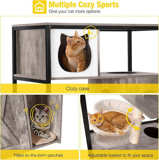 MEDEHOO Cat Litter Box Enclosure, Litter Box Furniture Hidden, Wooden Cat Washroom Furniture, Indoor Cat House with Condo, Hammock, Scratching Mat and Storage Shelves-Greige