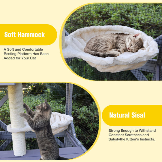 MEDEHOO 70" Large Catio Outdoor Cat Enclosure, Window Catio Wooden Cat House Walk-in Cat Cage with 7 Platforms, Scratch Post, Hammock for 2-6 Cats