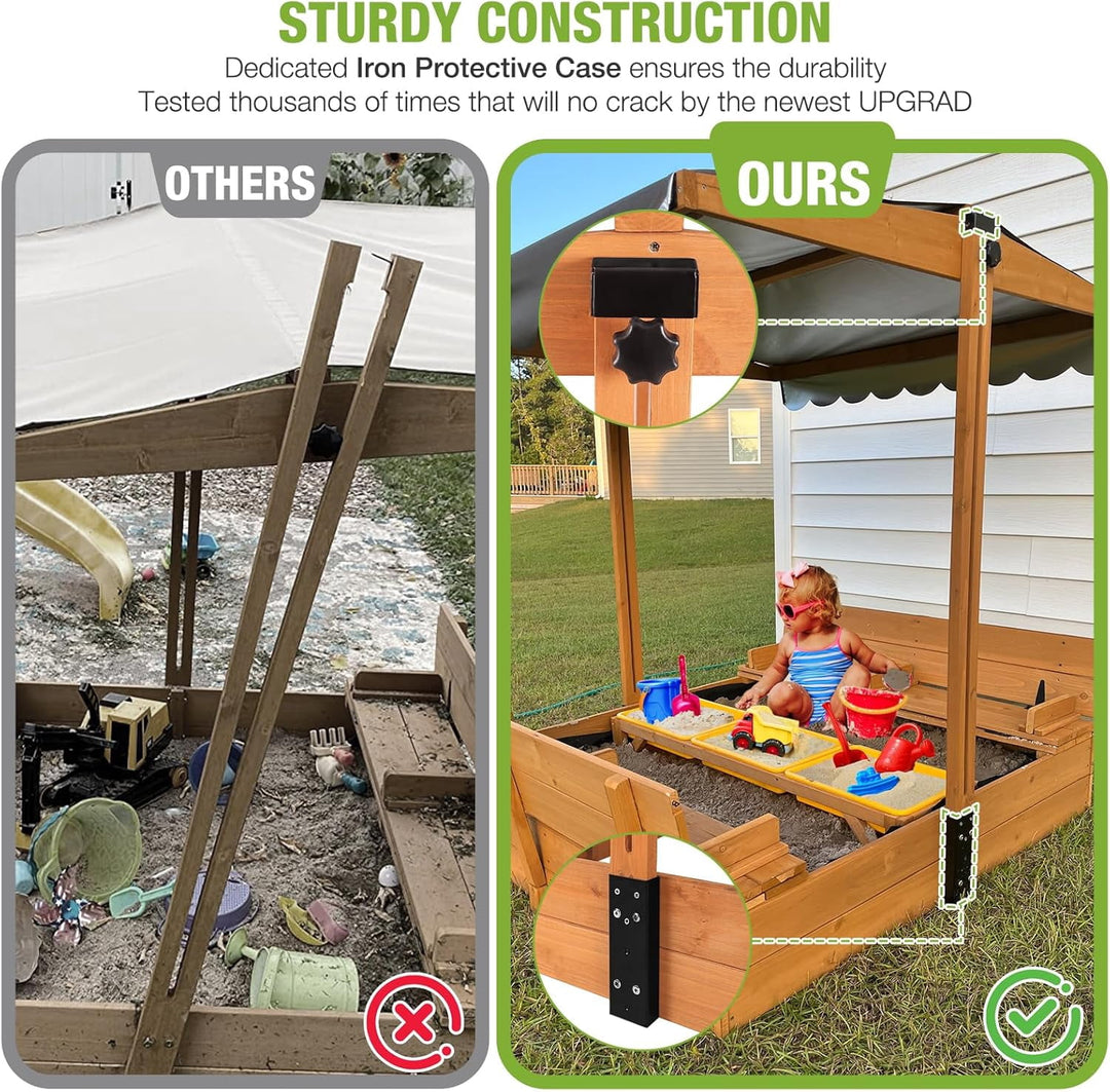 MEDEHOO Kids Sand Boxes with Lid and Canopy, Outdoor Sandboxes with Cover, Foldable Bench Seats, Retractable Roof, Sand Table for Kids Ages 4-8 (Brown with Toy Bins)
