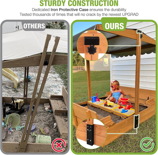 MEDEHOO Kids Sand Boxes with Lid and Canopy, Outdoor Sandboxes with Cover, Foldable Bench Seats, Retractable Roof, Sand Table for Kids Ages 4-8 (Brown with Toy Bins)