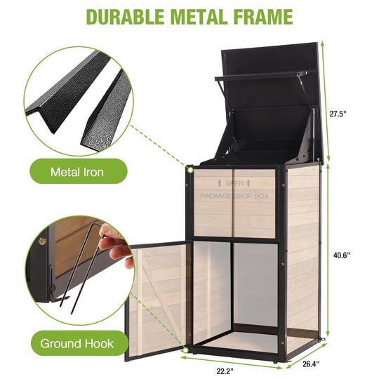 MEDEHOO Outside Package Delivery Box with Combination Lock, Heavy-Duty Wooden Parcel Drop Box with Iron Frame, Weatherproof Secure Contactless Courier Mailbox, Natural Fir Wood