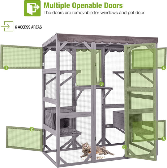 MEDEHOO Catio Outdoor Cat Enclosure Large Walk in Window Cat House for Mulitiple Cats with 7 Platforms and 2 Resting Box,Tarp Roof,71 inch