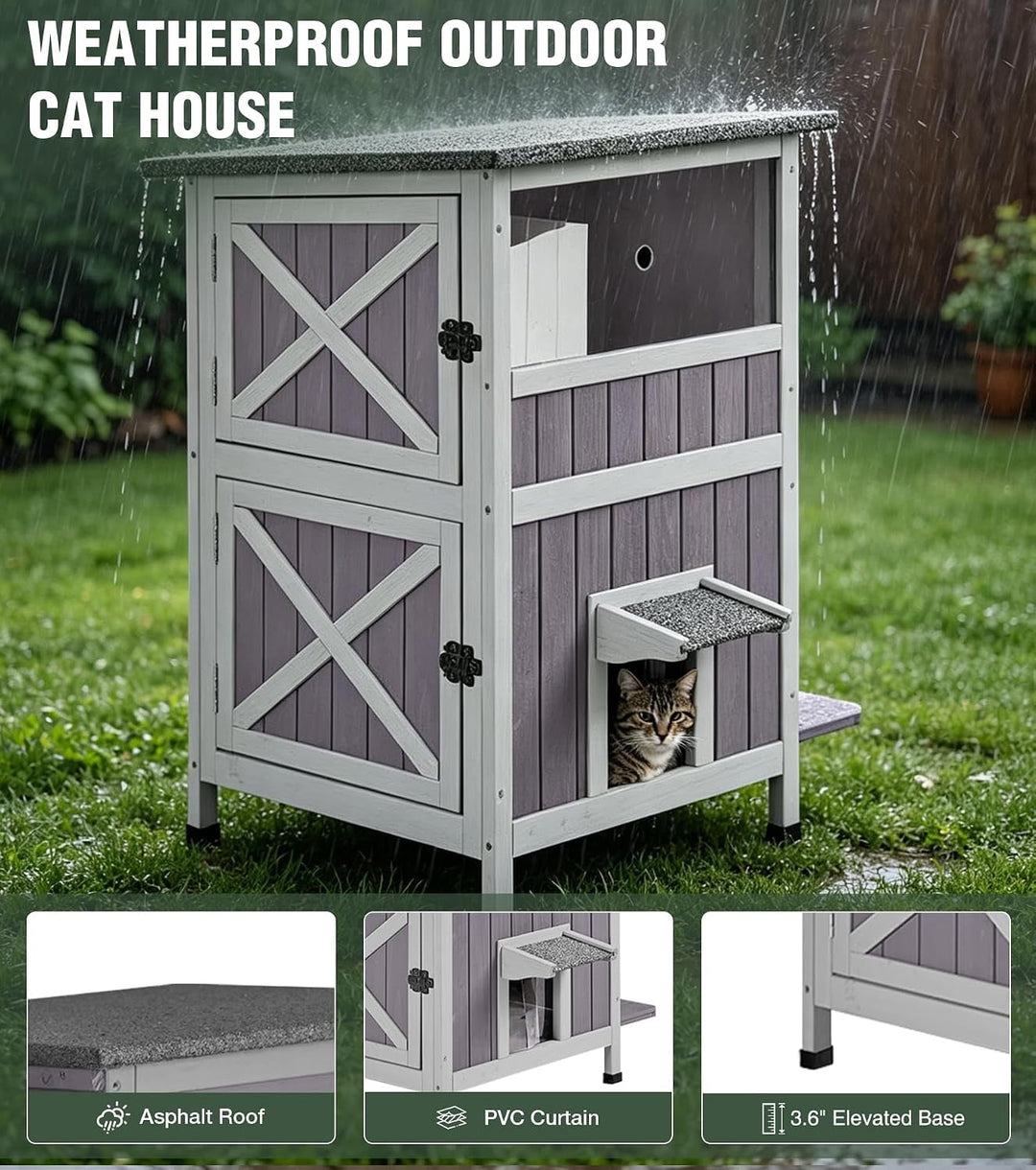 Avituvin Outdoor Cat House, 2-Level Feral Cat Shelter, Weatherproof Asphalt Roof, PVC Curtain, Jumping Platforms, Elevated Floor