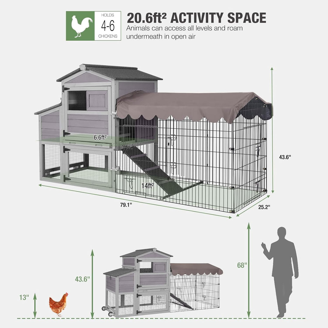 MEDEHOO Mobile Chicken Coop with Run, 79.1"L Large Outdoor Wooden Poultry Cage Hen House with Wheels, Nesting Box, Waterproof Roof for 4-6 Chickens