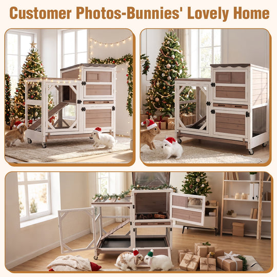 MEDEHOO 2-Story Rabbit Hutch on Wheels Indoor Rabbit Cage with Run Outdoor Weatherproof Bunny Hutch with Chewproof Ramp and Pull-out Tray Brown SAIR7013-WFS