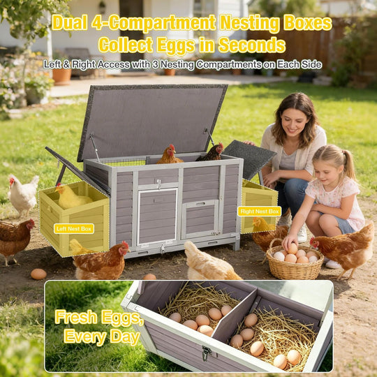 MEDEHOO Large Chicken Coop for 4-6 Chickens, Reinforced Outdoor Wooden Hen House with 4 Sectionable Nesting Box, Easy Clean Pull-Out Tray, Waterproof Asphalt Roof - Grey