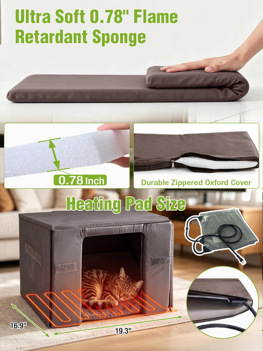 MEDEHOO Heated Outdoor Cat House Weatherproof Heated, 6-Side Insulated Cat Shelter, Brown | 8-Layer Protective Pad, Chew-Resistant Cord, Weatherproof Asphalt Roof