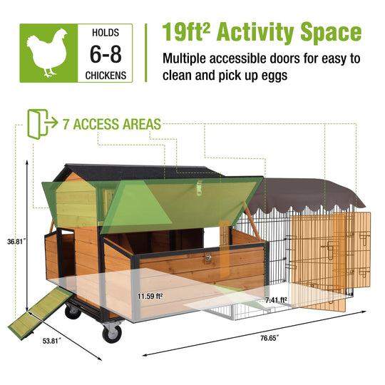 MEDEHOO Mobile Chicken Coop on Wheels for 6–8 Chickens, Chicken Coop with Metal Run &amp; 6 Nesting Boxes, All-Around Metal Frame Large Chicken Hen House, 76.7" L