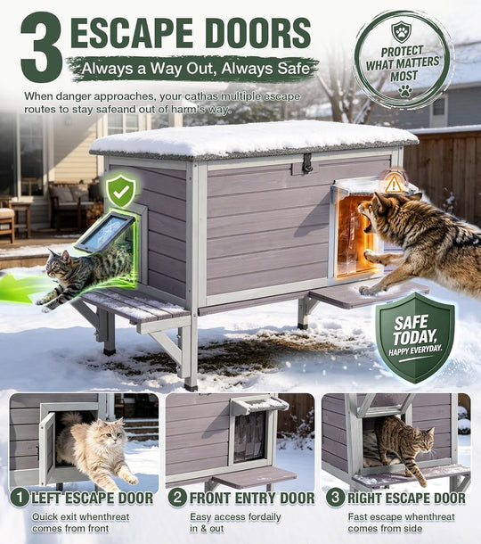 MEDEHOO Large Heated Cat House Outdoor with Heating Pad &amp; Insulated Liner, Weatherproof Feral Stray Cat Shelter for Outside, All-Round Thermal Liner