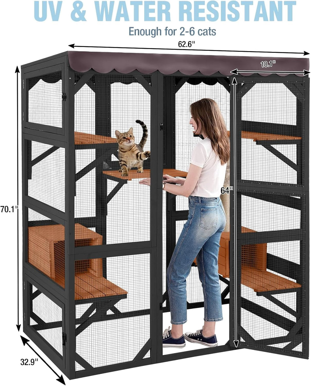 MEDEHOO Catio Outdoor Cat Enclosure 70" Large Window Catio Wooden Cat House Walk-in Cat Cage with 7 Platforms Waterproof Cover for 2-6 Cats (Black) AIR37-M-B-J-WM
