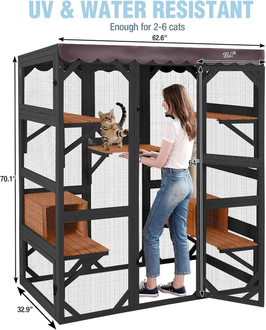 MEDEHOO Catio Outdoor Cat Enclosure 70" Large Window Catio Wooden Cat House Walk-in Cat Cage with 7 Platforms Waterproof Cover for 2-6 Cats (Black) AIR37-M-B-J-WM