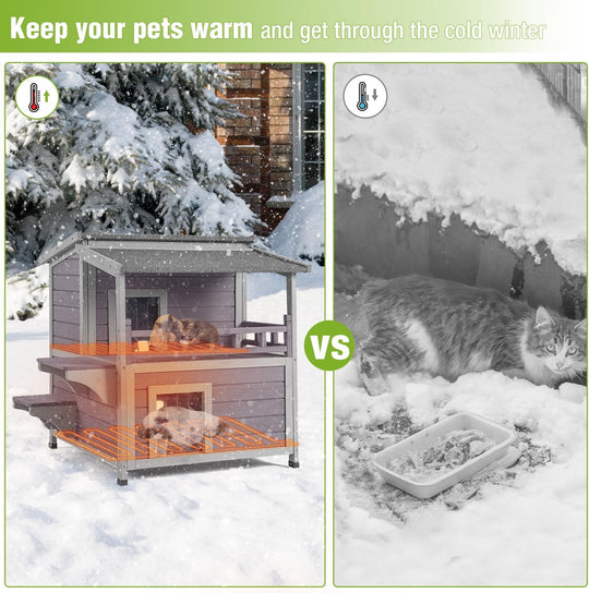 MEDEHOO Heated Cat House Outdoor 2 Story Insulated Liner Feral Cat Shelter Weatherproof for Outside with Heated Pad（Grey