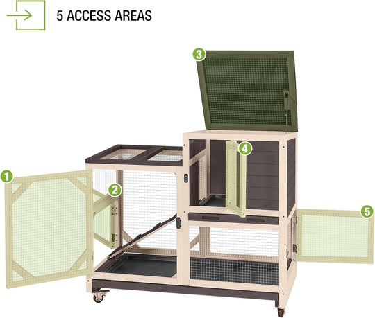 MEDEHOO Rabbit Hutch Indoor Mobile Bunny Cage with Run Wooden 2 Story Guinea Pig Cage Outdoor for Small Animals with Wheels,Two Deeper No Leak Trays(Brown) XZ7001-00J-WM