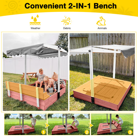 MEDEHOO Outdoor Sandbox with Cover &amp; Adjustable Canopy, Kids Sand Box with 2-IN-1 Foldable Seats, Pink GUT05-P-WM