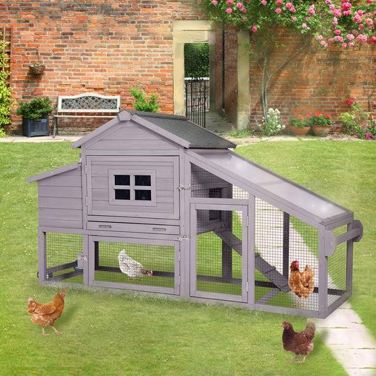 MEDEHOO Chicken Coop on Wheels, Mobile Chicken House, Wooden Hen Houses, Outdoor Rabbit Hutch, for 2-4 Chickens 67" (Gray) AIR23-km-gray