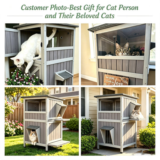 MEDEHOO Outdoor Feral Cat House Weatherproof 2-Story Cat Condon Enclosure for Outside Cats Shelter with Large Window, Escape Door, Jumping Platform