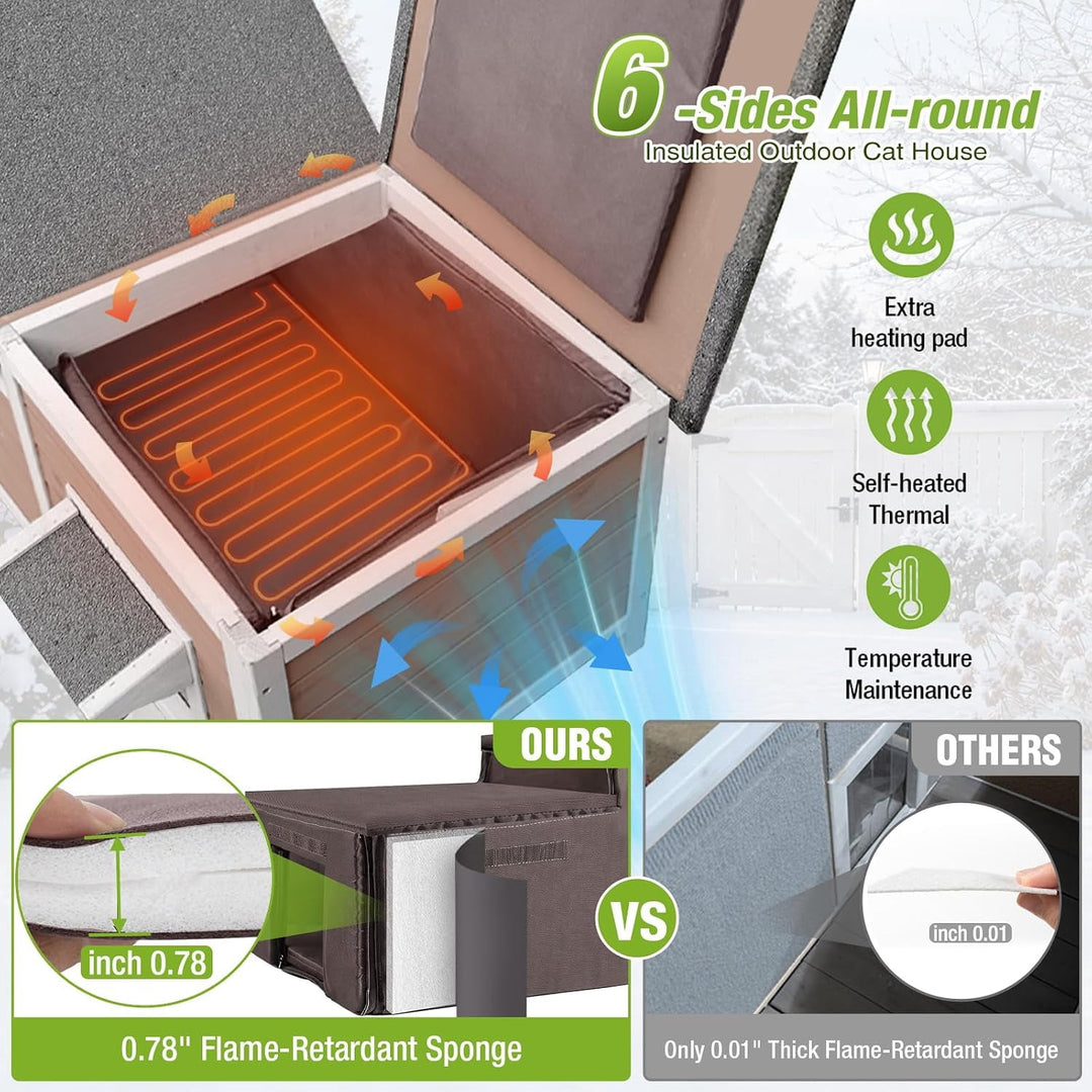 MEDEHOO Large Heated Outdoor Cat House for Multiple Cats 6-Sided All-Around Insulated Liner, 8-Layer Protection Heating Pad&amp;Liner, Escape Doors, Weatherproof Wood Shelter for Winter AIR93-B-HP-PA-WM2