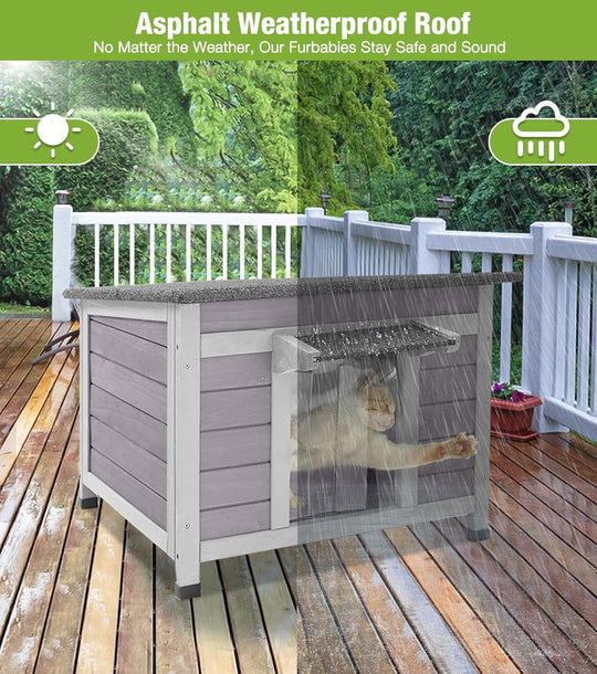 MEDEHOO Outdoor Cat House Weatherproof, Feral Cat House with Asphalt Roof, PVC Curtains &amp; Raised Base, Easy To Clean AIR12-G-AD-WM
