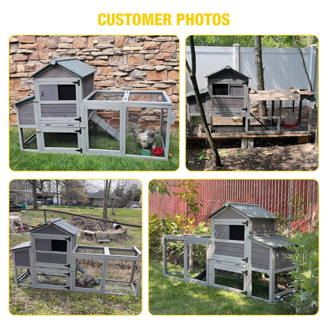 MEDEHOO 82.4" Chicken Coop with Wheels, Large Hen House with Run, Chicken Cage for 4-6 Chickens, Weatherproof Asphalt Roof, Nesting Box &amp; Pull-Out Tray