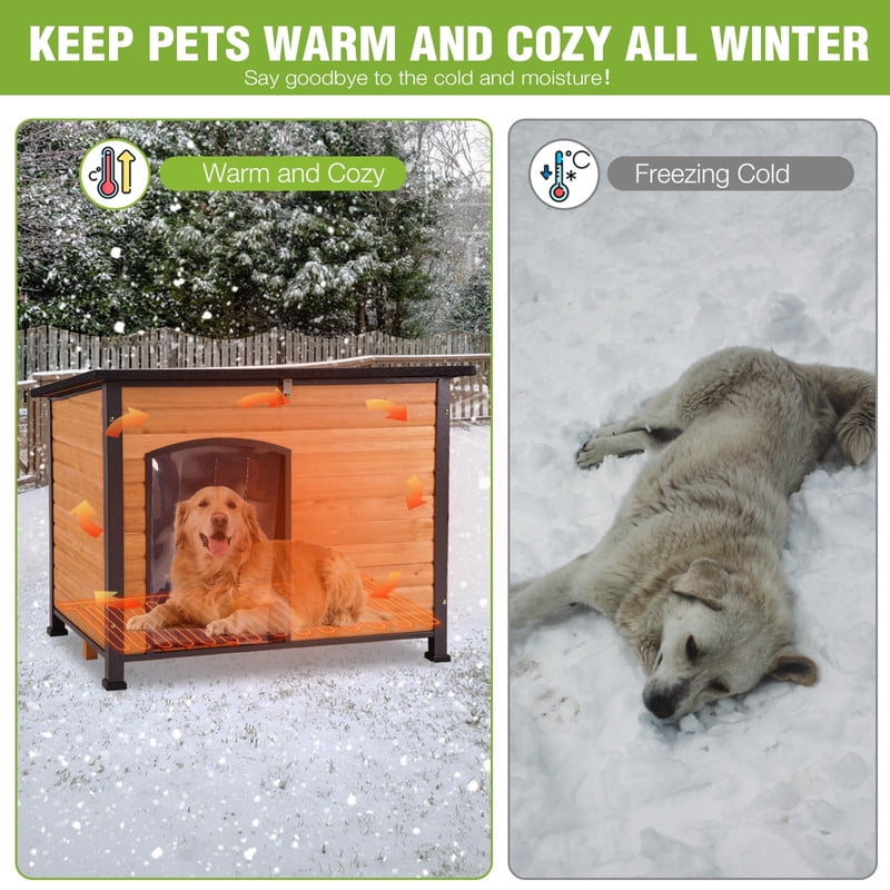 MEDEHOO Large Heated Dog House Outdoor Dog House Insulated Weatherproof Dog Kennel with Safe Heating Pad, Thermal Liner, Chew-Proof Metal Frame for Medium to Large Dog Breeds, 33.5" L×22" D×25.2" H