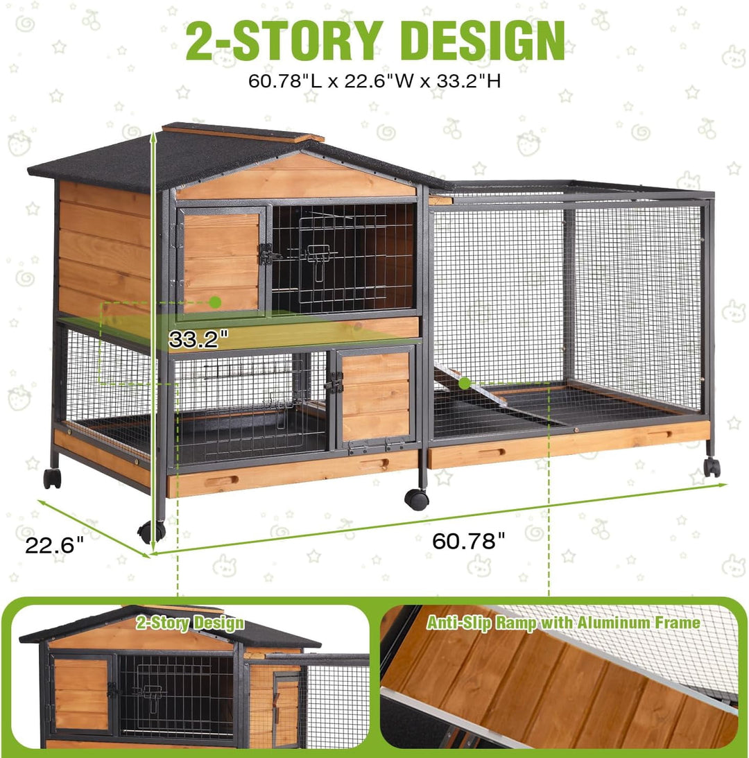 MEDEHOO Large Wooden 2-Story Rabbit Hutch for 2-4 Bunnies – Heavy Duty Metal-Framed Rabbit Cage with 6 Smooth-Rolling Wheels, 3 Easy-Clean Pull-Out Trays &amp; 6 Access Doors, Indoor Outdoor (Brown)
