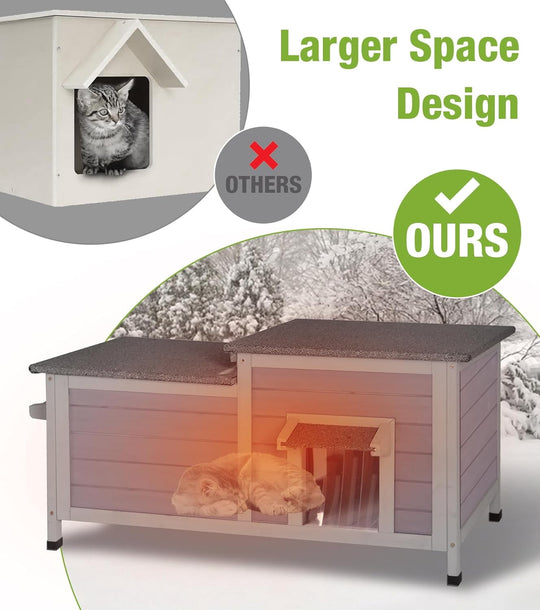 MEDEHOO Heated Cat House for Outside, Insulated Cat House Outdoor Weatherproof with Bite-Resistant Wires, Electric Heating Mat, 2 Access Doors &amp; Openable Roof AIR93-HP-AD-WM