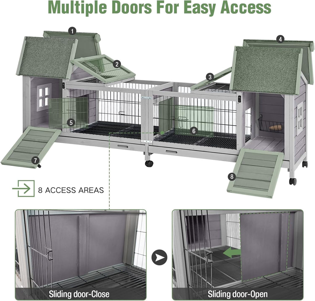 MEDEHOO Rabbit Hutch Indoor Outdoor Bunny Cage Upgrade Large Space for Rabbit,Guinea Pig,Bunny and Other Small Animals,On Wheels Move Easily