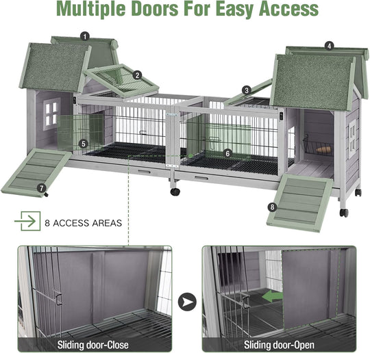 MEDEHOO Rabbit Hutch Indoor Outdoor Bunny Cage Upgrade Large Space for Rabbit,Guinea Pig,Bunny and Other Small Animals,On Wheels Move Easily