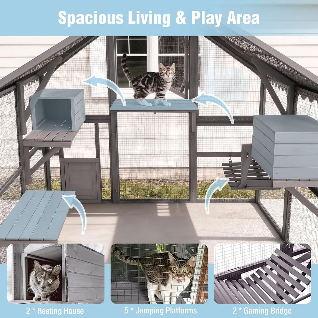 MEDEHOO Large Catio Outdoor Cat Enclosure, 71’’ Walk-in Cat House with Waterproof Cover, Platforms and Resting Boxes Window Cat Patio for 6-10 Cats