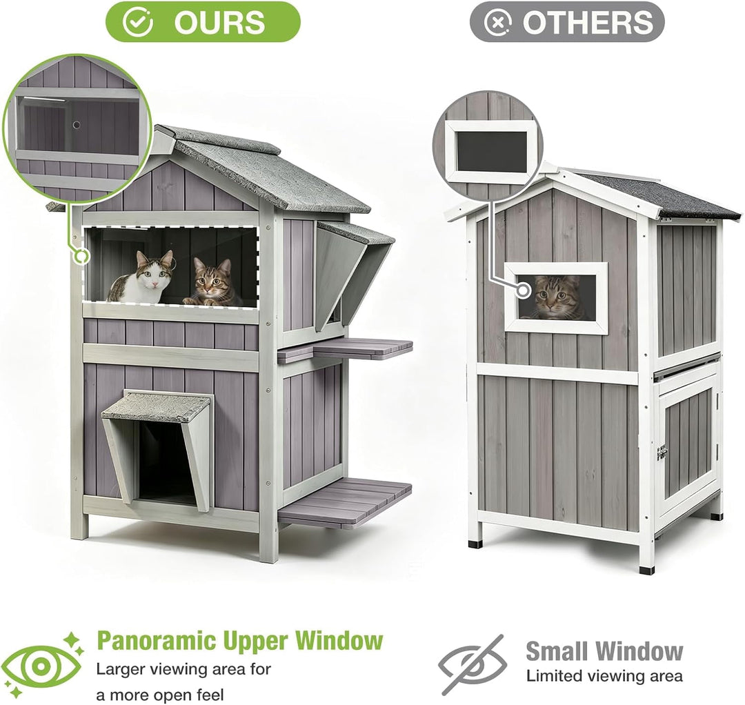 MEDEHOO 2-Story Outdoor Cat House, Insulated Weatherproof Feral Shelter with Openable Roof &amp; Acrylic Window