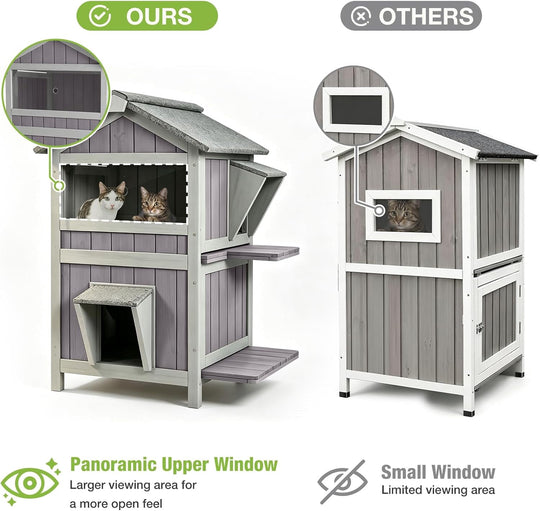 MEDEHOO 2-Story Outdoor Cat House, Insulated Weatherproof Feral Shelter with Openable Roof &amp; Acrylic Window
