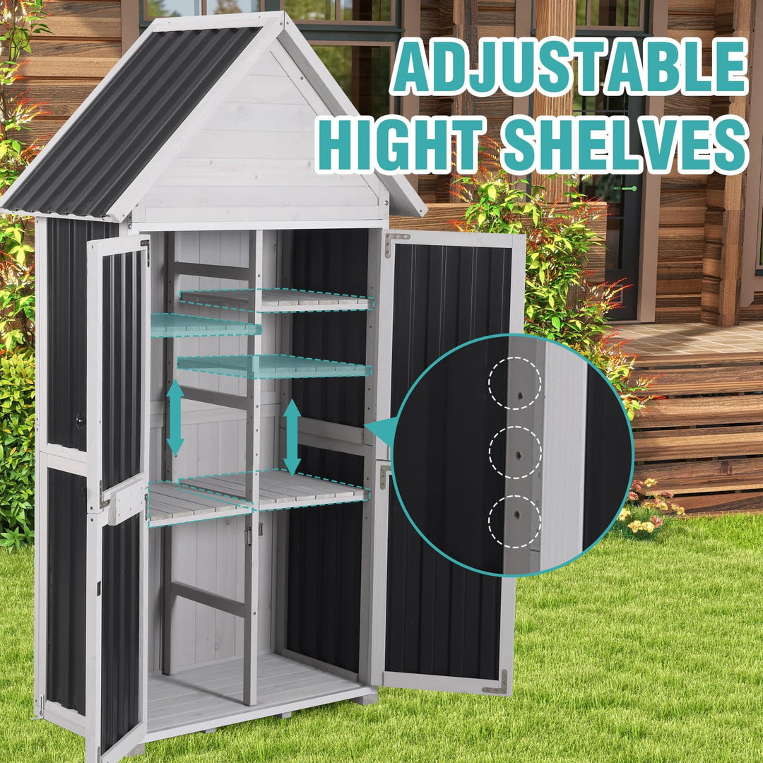 MEDEHOO Shed Outdoor Storage, Outdoor Storage Cabinet with Metal Frame &amp; Adjustable Shelves, Weatherproof Tool Shed for Backyard Patio Lawn, White