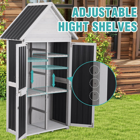 MEDEHOO Shed Outdoor Storage, Outdoor Storage Cabinet with Metal Frame &amp; Adjustable Shelves, Weatherproof Tool Shed for Backyard Patio Lawn, White